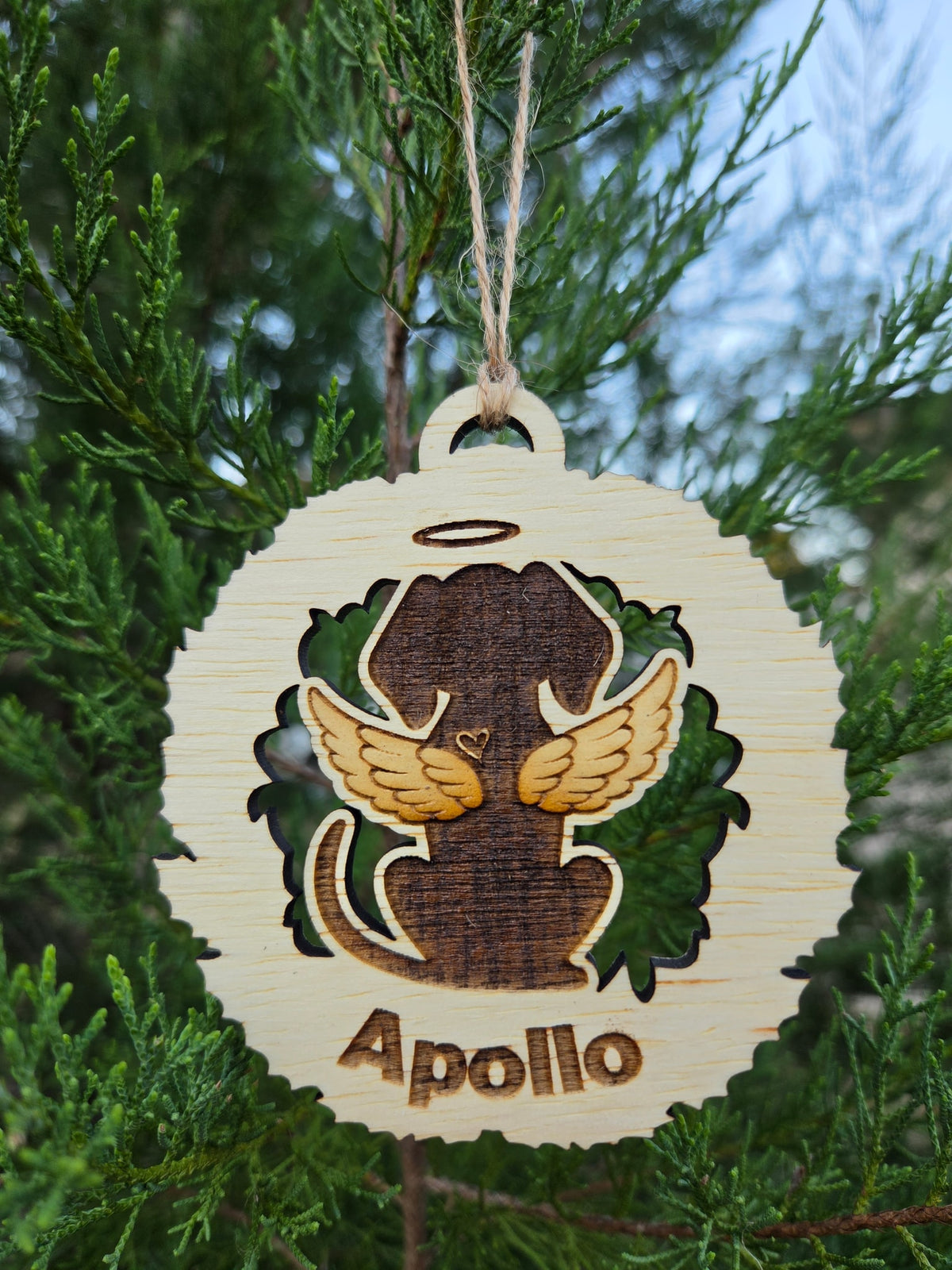 The dog memorial ornament engraved Apollo with no years, hanging on an evergreen