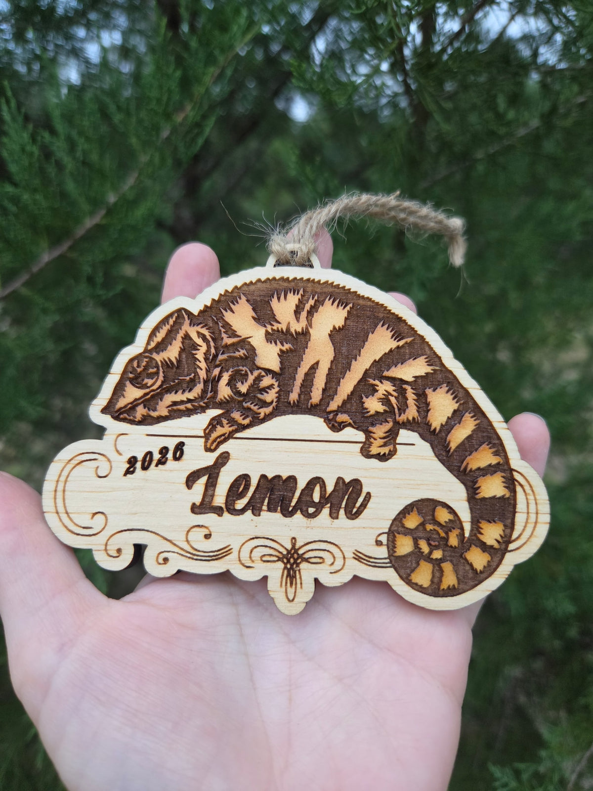 Painted chameleon plaque ornament held in an open hand to show its size