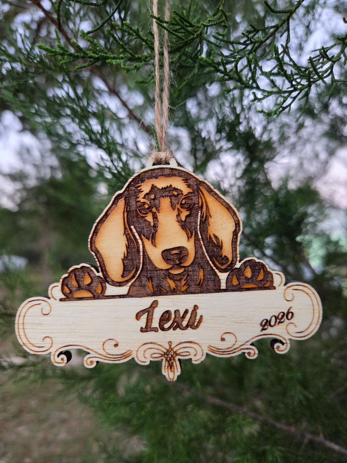 Wooden dachshund ornament, paws over a plaque engraved Lexi and 2026, hanging on an evergreen branch