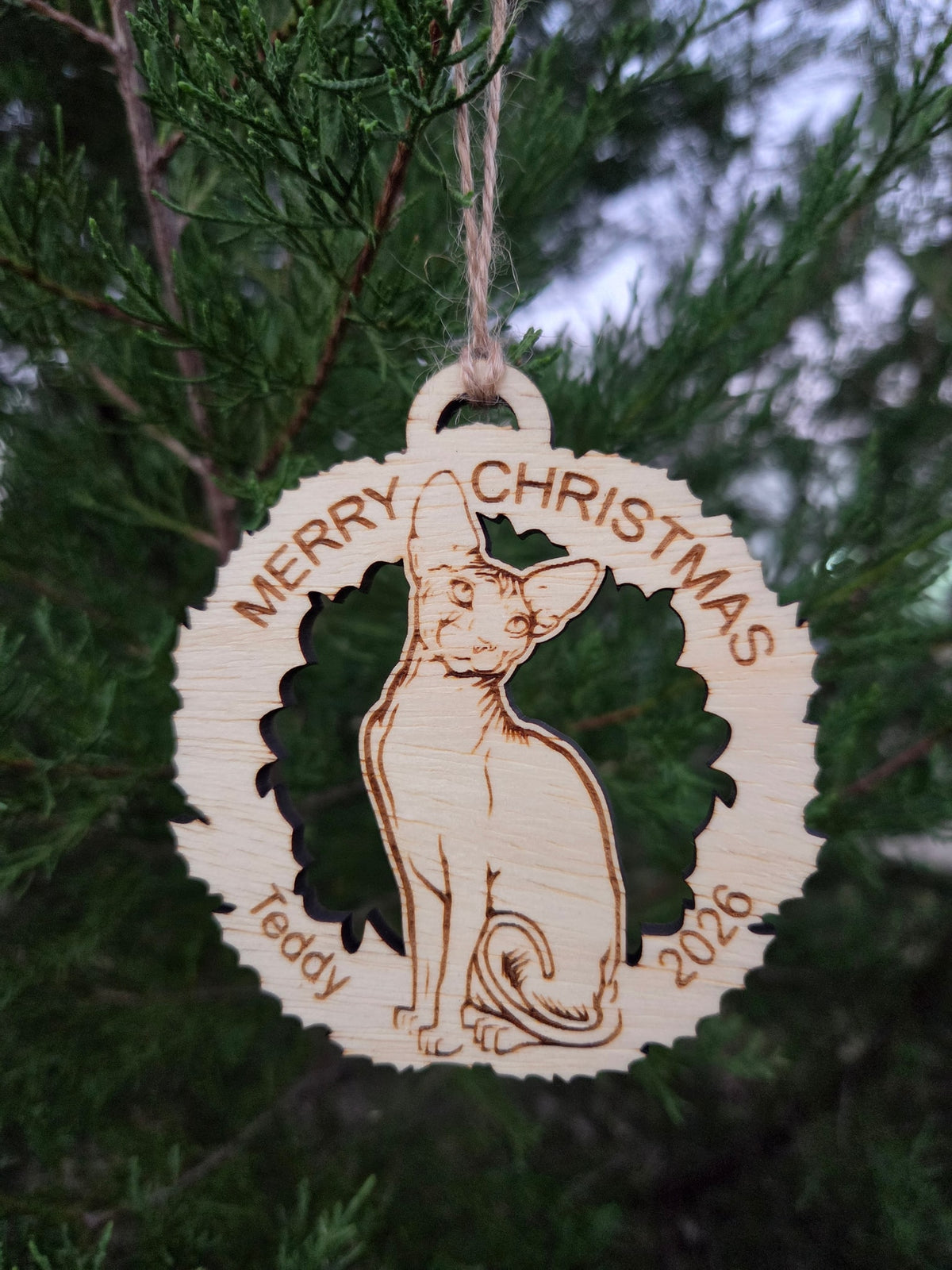 Wooden Sphynx cat wreath ornament under MERRY CHRISTMAS, engraved Teddy and 2026, hanging on an evergreen