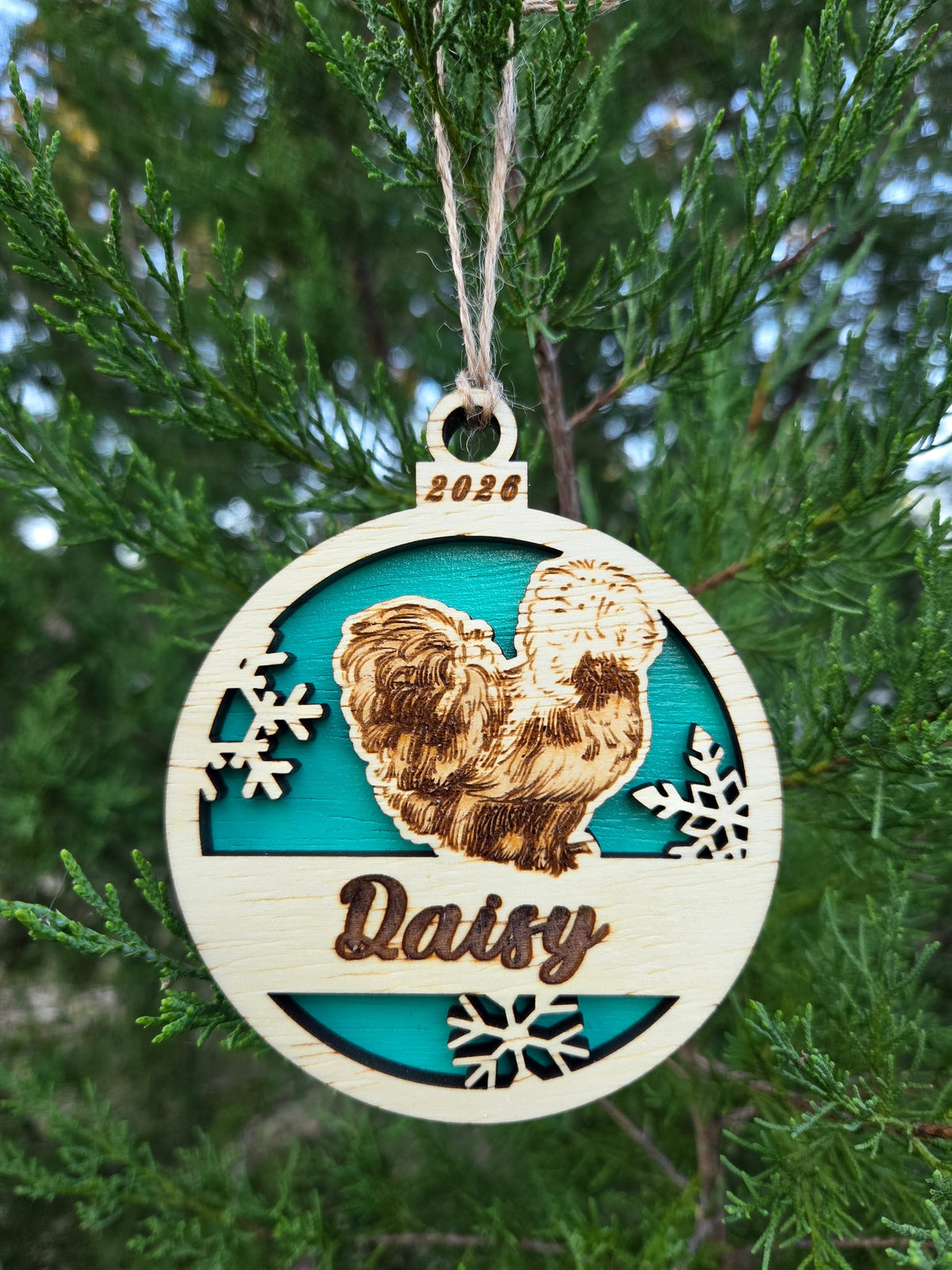 Silkie chicken and snowflakes ornament with a teal back, engraved Daisy and 2026, hanging on an evergreen