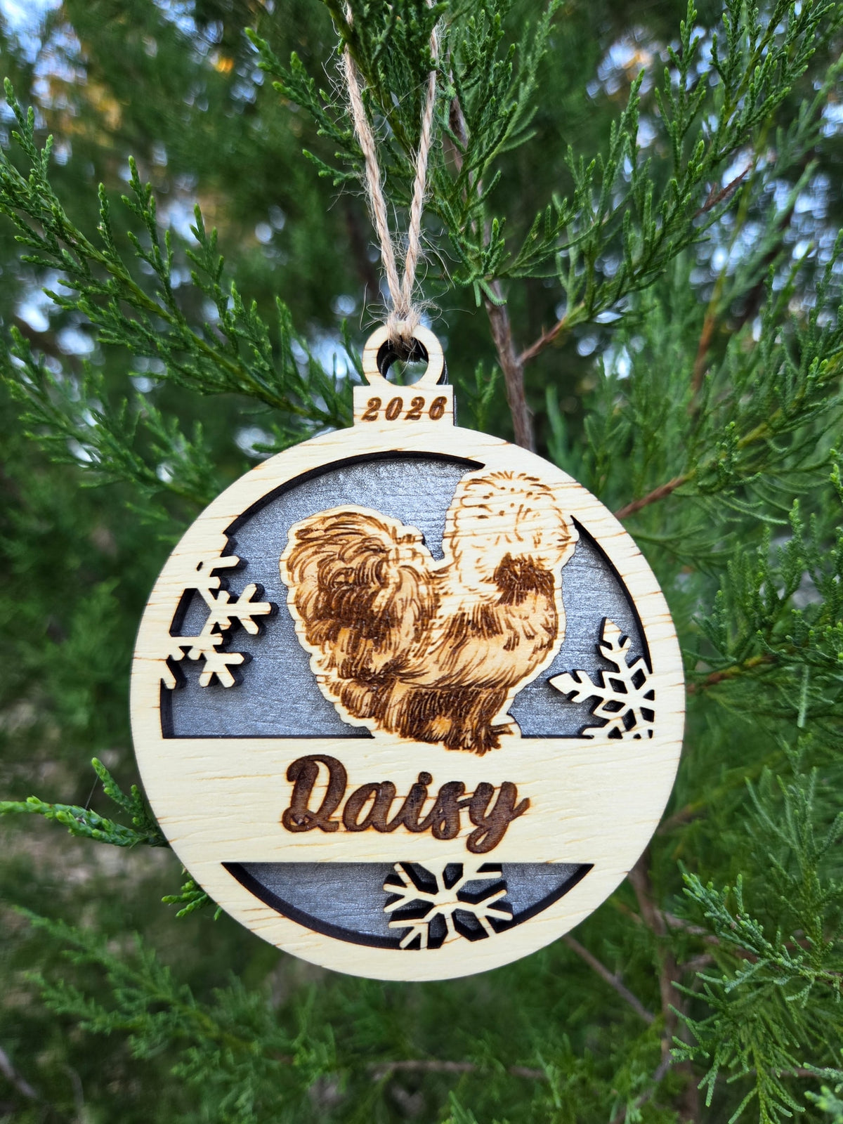 Silkie chicken and snowflakes ornament with a gray back, engraved Daisy and 2026, hanging on an evergreen