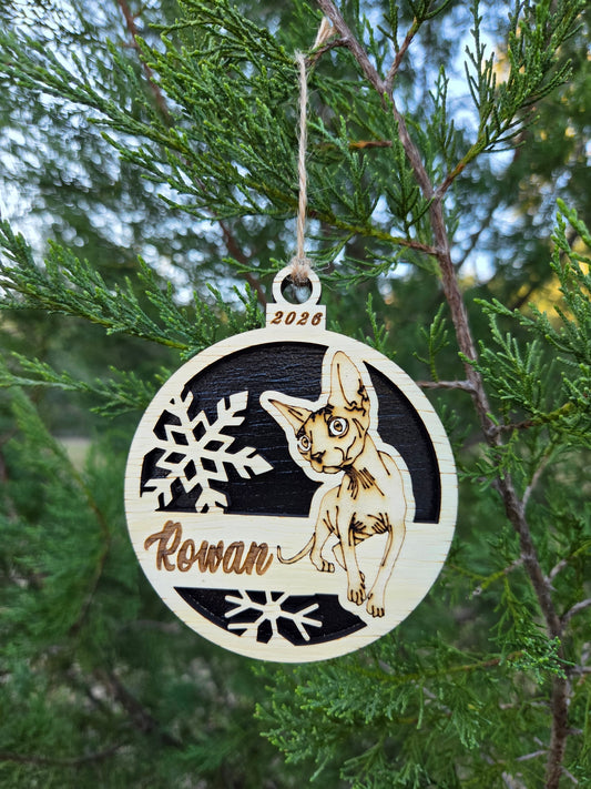 Sphynx cat and snowflakes ornament with a black back, engraved Rowan and 2026, hanging on an evergreen