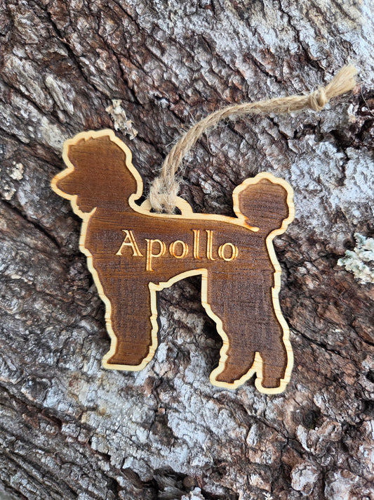 Wooden Standard Poodle silhouette ornament with a sample name engraved across its body, on tree bark