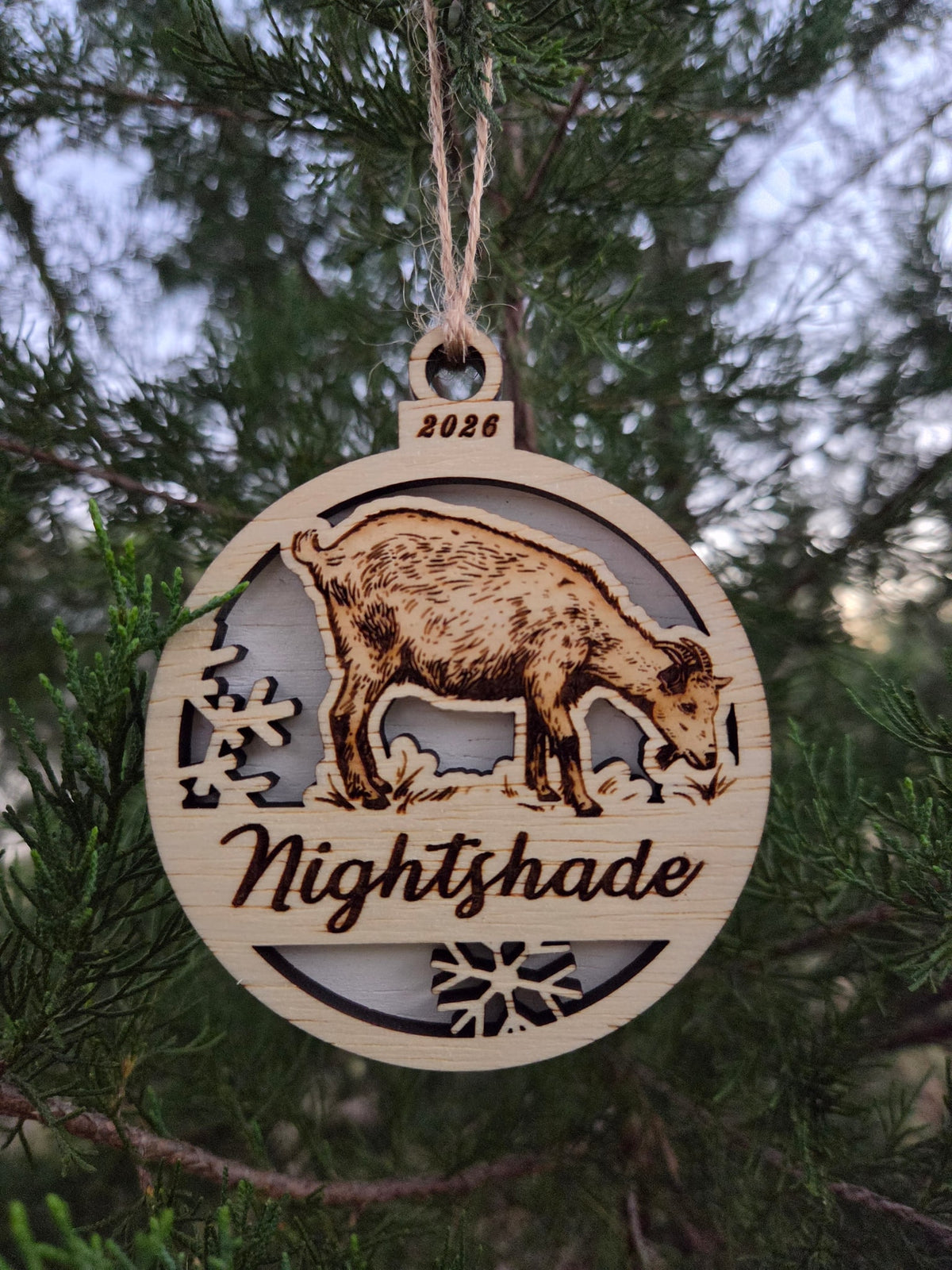 Standing goat ornament with a light-colored back, engraved Nightshade and 2026, on an evergreen