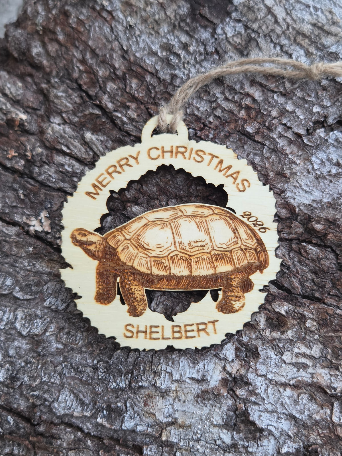 Tortoise in a wreath ornament with a sample name along the bottom and the year beside the shell, on tree bark