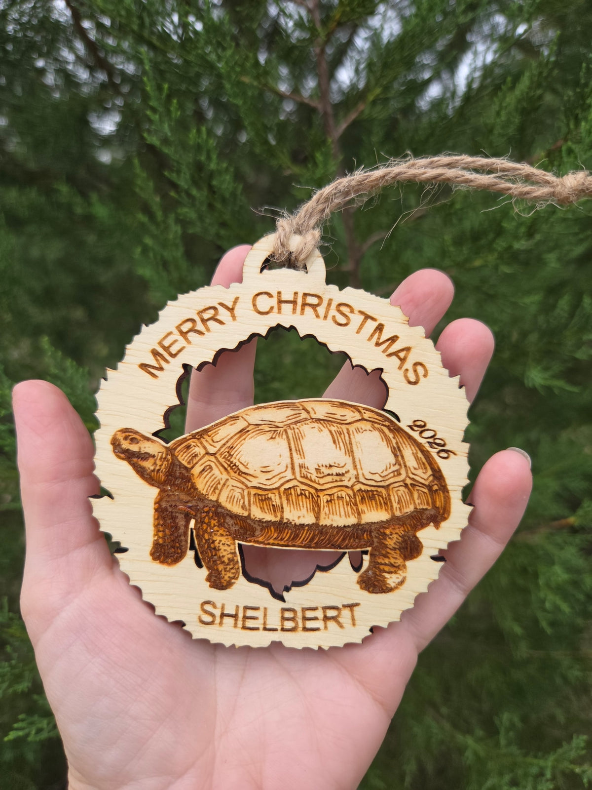 Tortoise wreath ornament with a sample name and the year beside the shell, held in an open hand